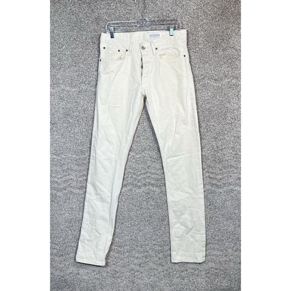 Gustin Raw Denim Jeans Mens 32 Beige Button Fly Slim Fit Mens Straight Leg